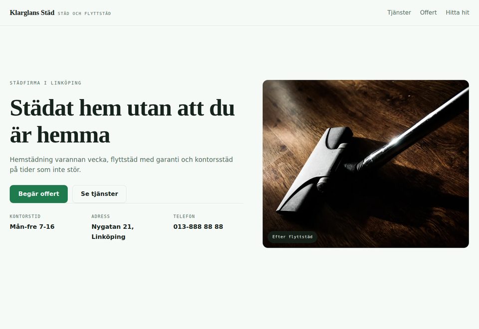 Startsidan i konceptexemplet Klarglans Städ, städfirma