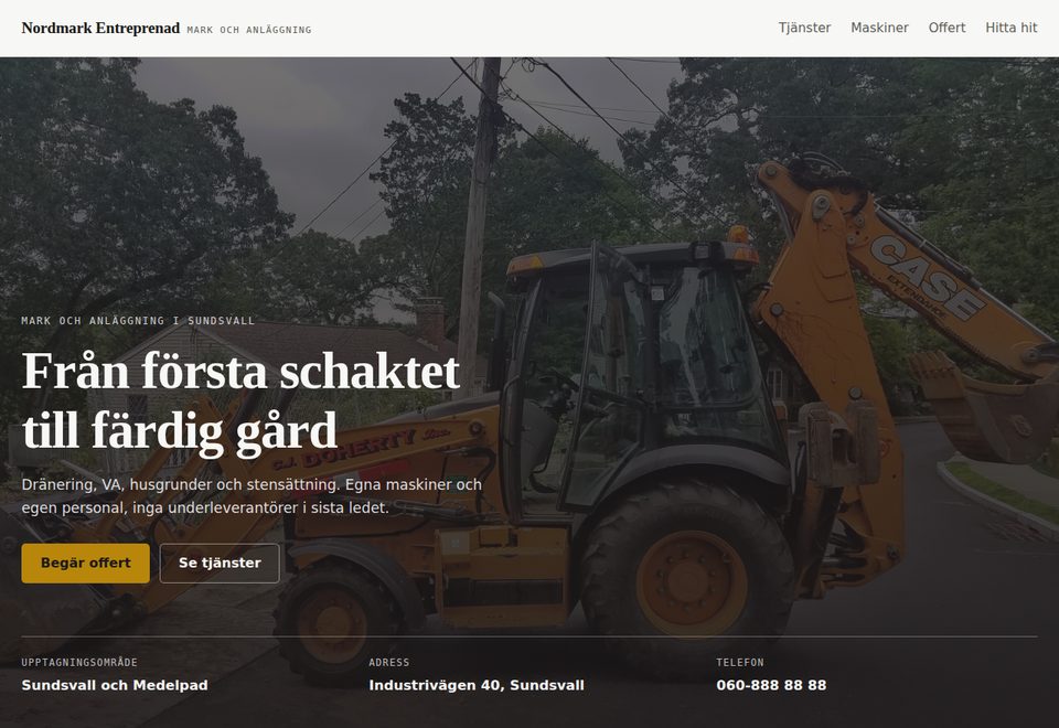 Startsidan i konceptexemplet Nordmark Entreprenad, mark och entreprenad