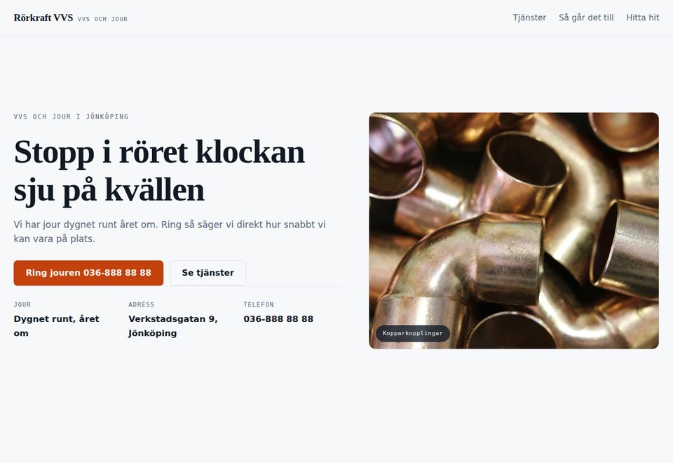 Startsidan i konceptexemplet Rörkraft VVS, vvs-firma