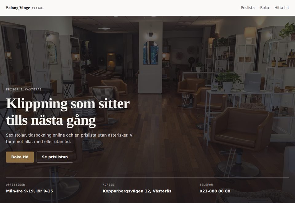 Startsidan i konceptexemplet Salong Vinge, frisör och barberare