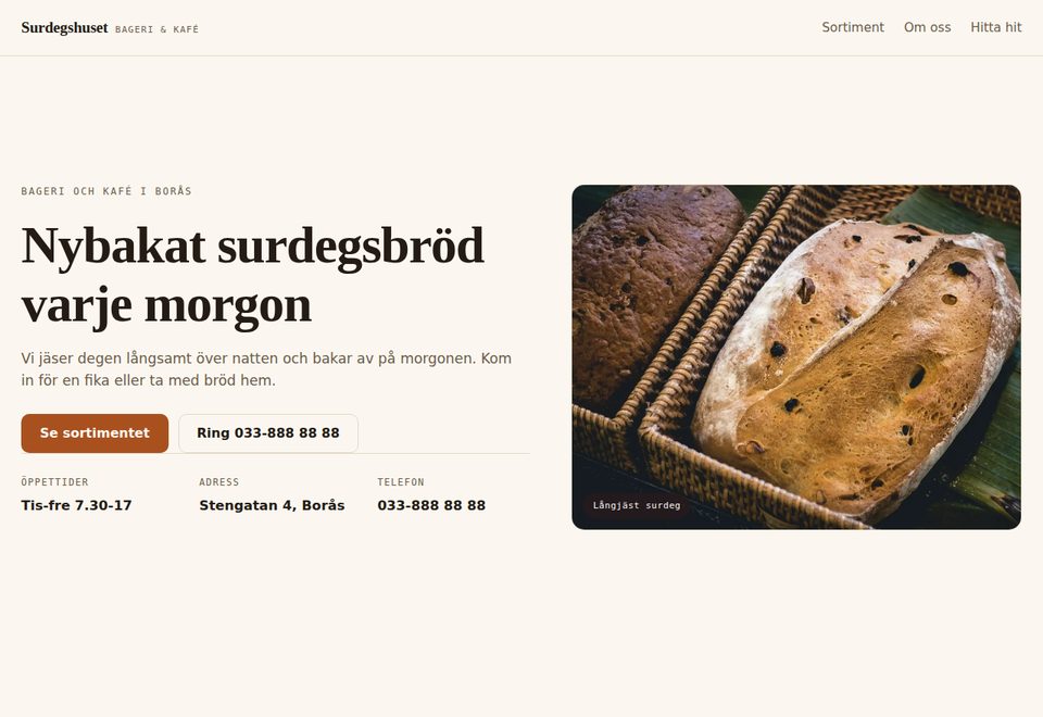 Startsidan i konceptexemplet Surdegshuset, bageri och kafé