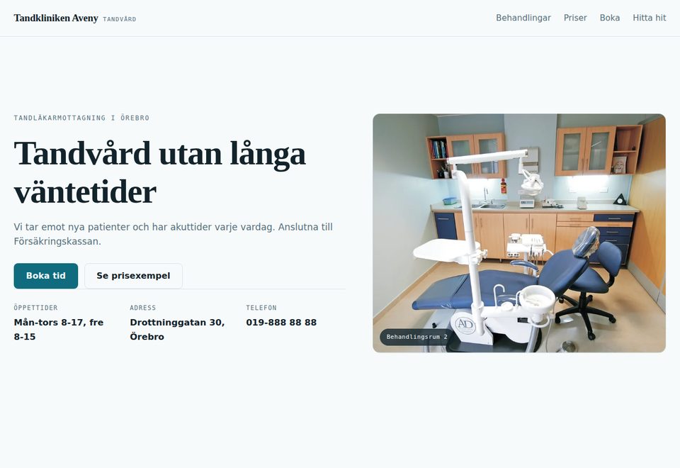 Startsidan i konceptexemplet Tandkliniken Aveny, tandläkarmottagning